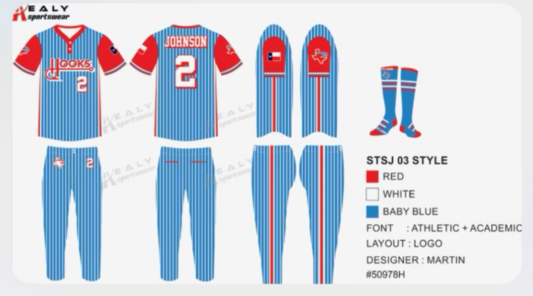 NTX Hooks Baseball Columbia Blue/Red Pinstripe Jersey/Pants